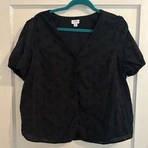 J. Crew Factory women’s XL black eyelet puff sleeve button-down flowy blouse